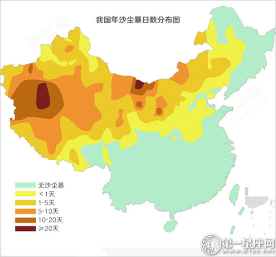 我国年沙尘暴日数分布图